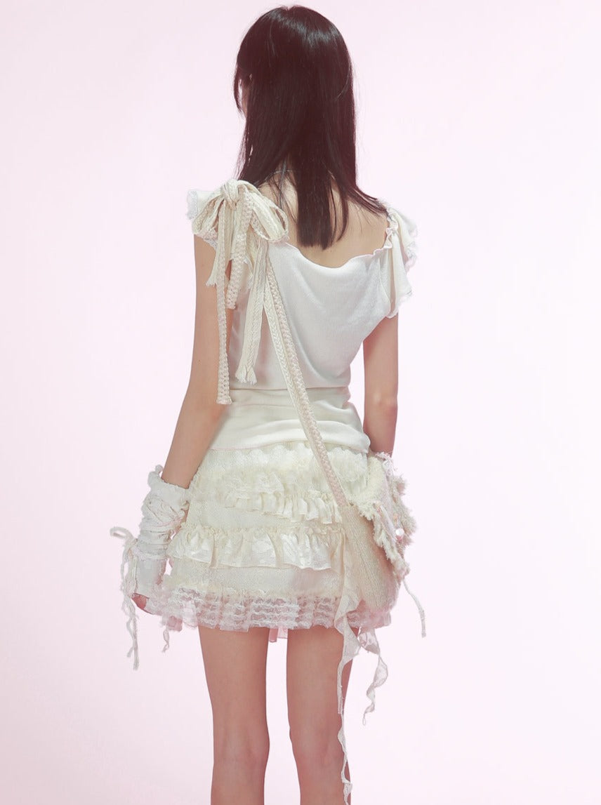 スモールフライングスリーブリボンピュアトップス