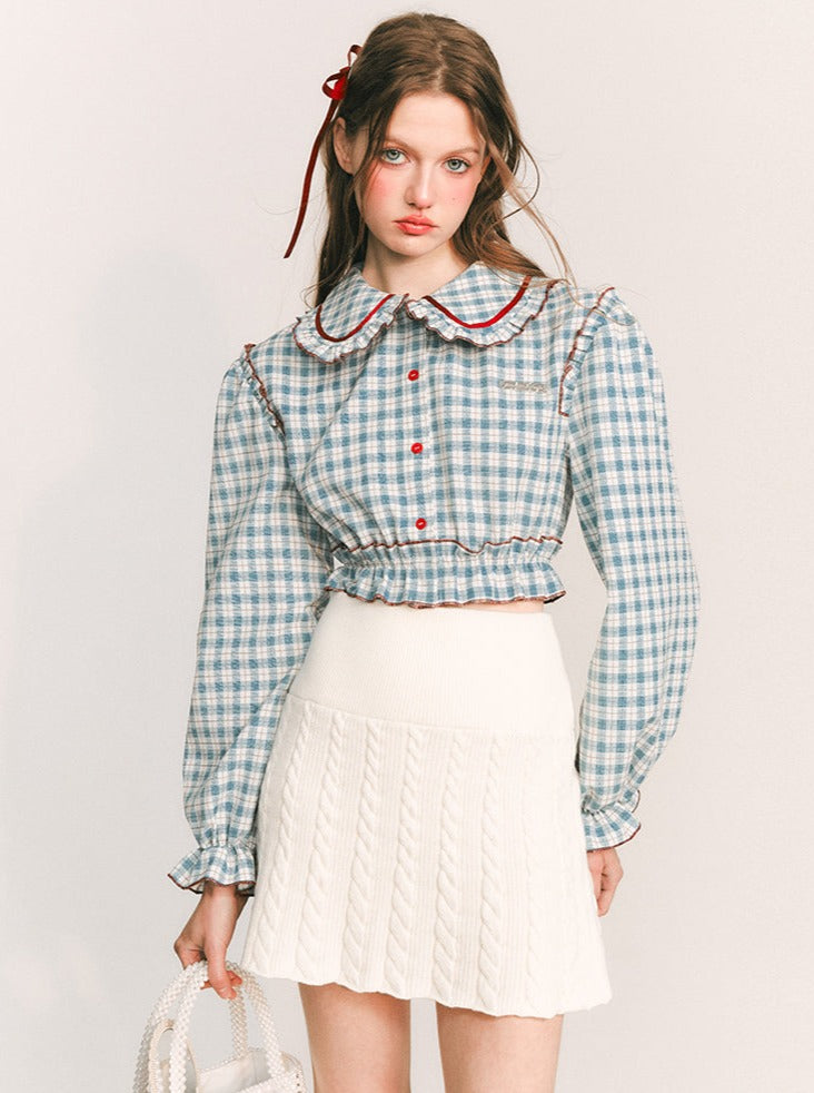 フレンチドールカラーパフスリーブショートチェックトップス