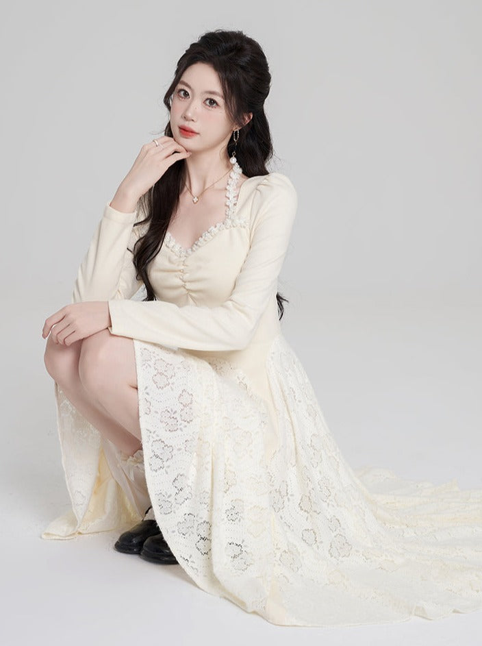 フレンチスクエアネックレースロングワンピース