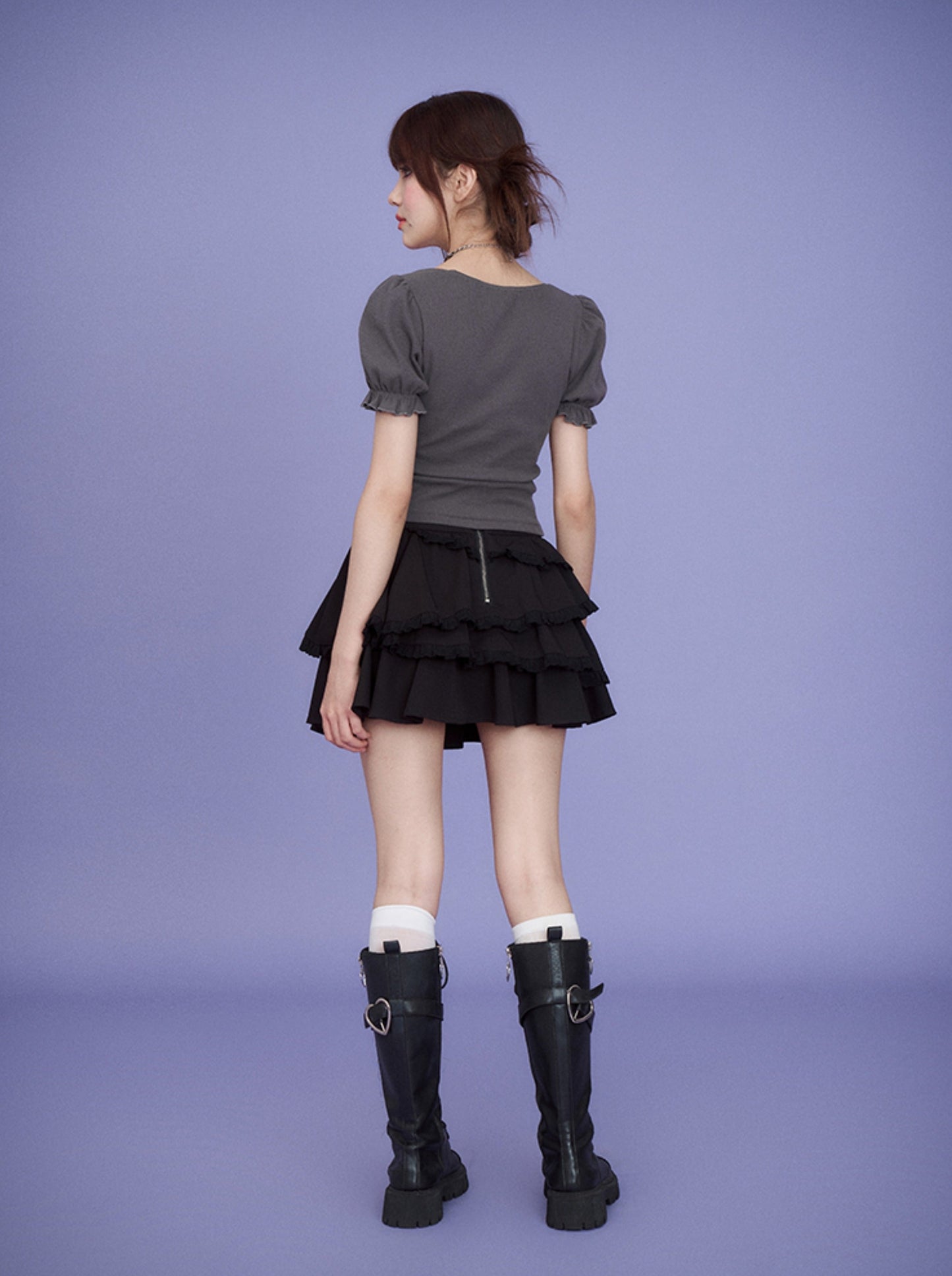 パフスリーブレースクエアネックトップス