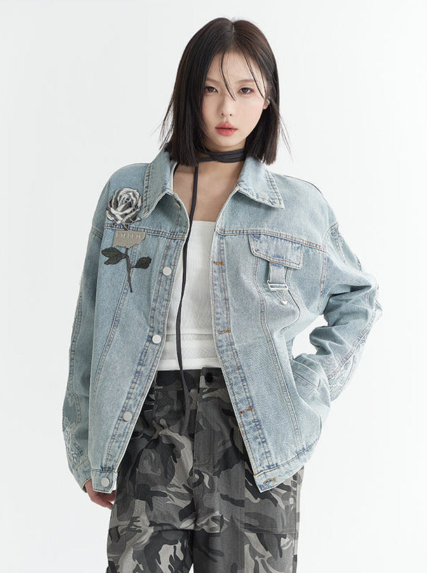 로즈 엠브로이더리 루즈 데님 재킷