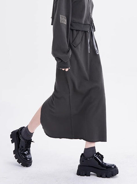 街头双拉链灰色连帽外套长裤长裙套装