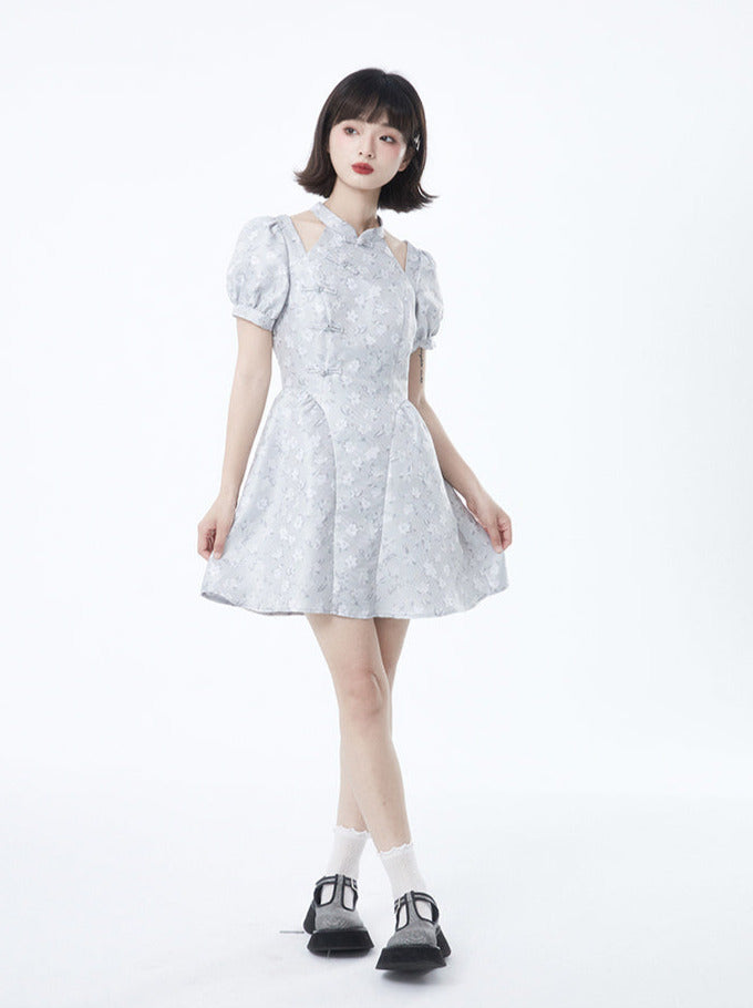 China Retro Open Shoulder Flower Jaccard Buckle Dress