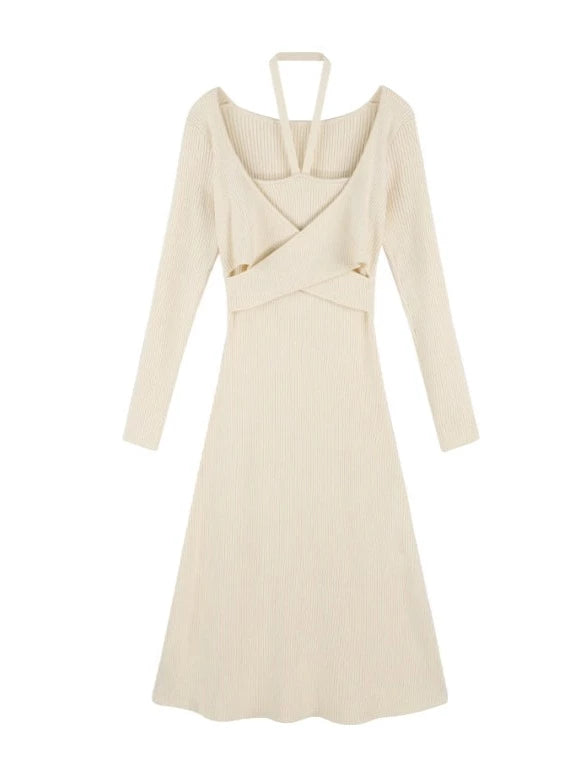 Halter Neck Knit Faux Two Piece Slim Knit Dress