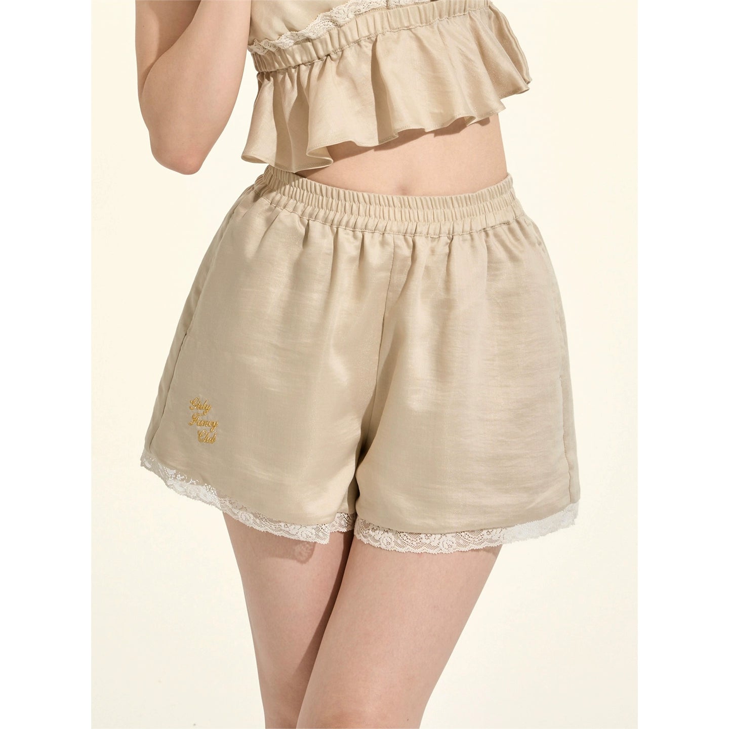 パスティルスタイルカーキレースキャミソール+シャツ +ショートパンツ