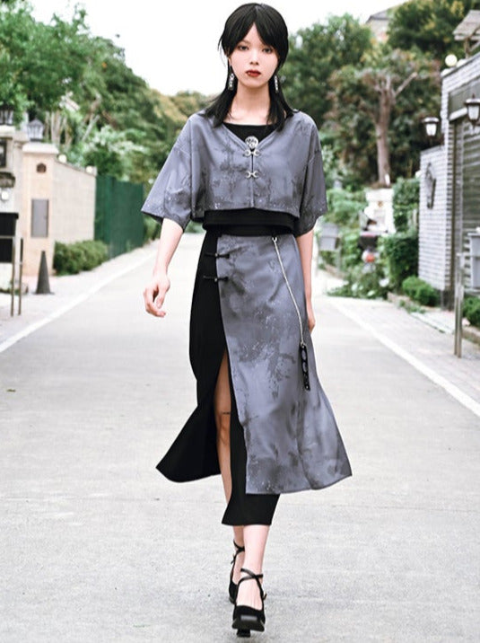 チャイナテイストムーンラビットプリントシフォンジャケット&スカートセットアップ