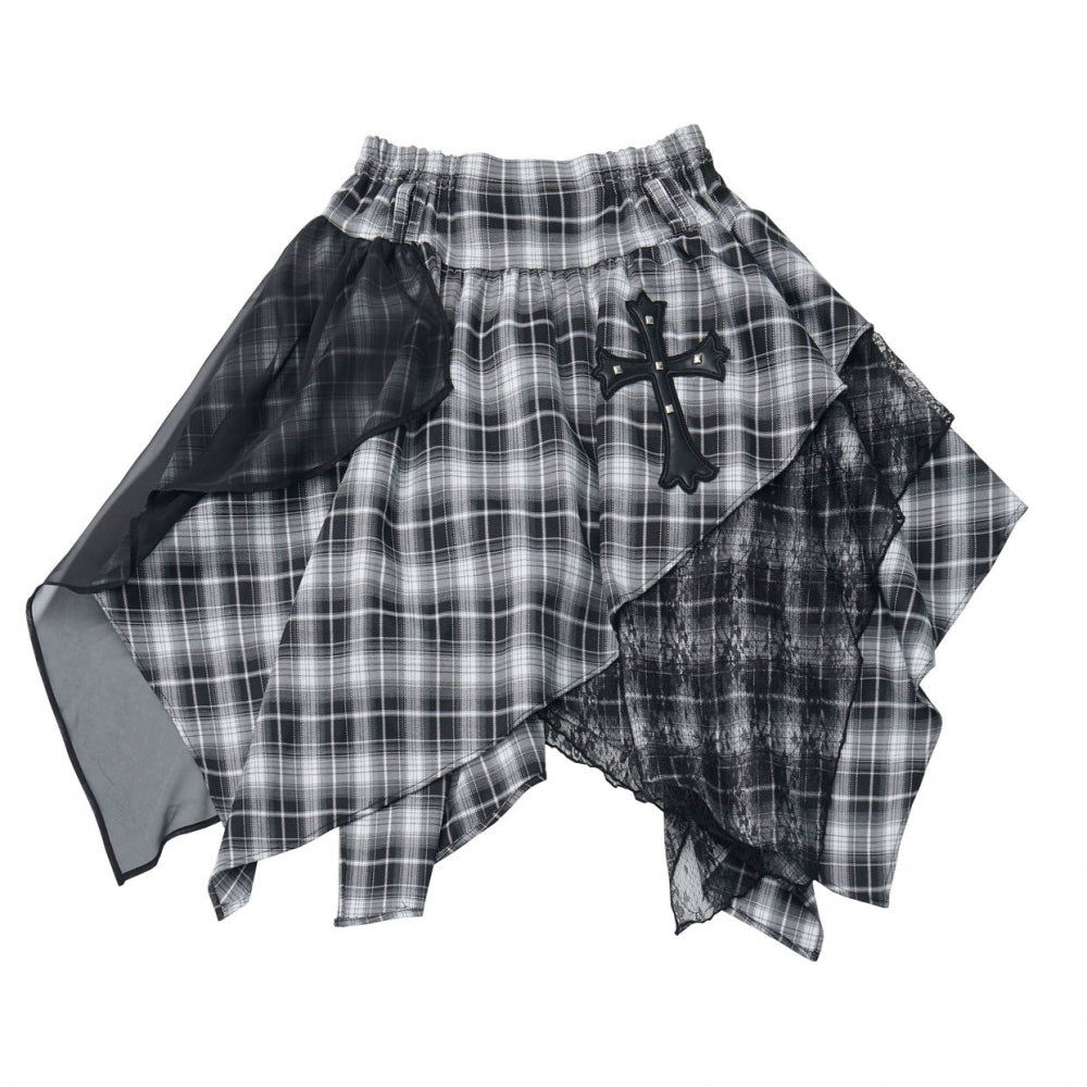 One-Shoulder Ribbon Top + Checked Asymmetrical Skirt