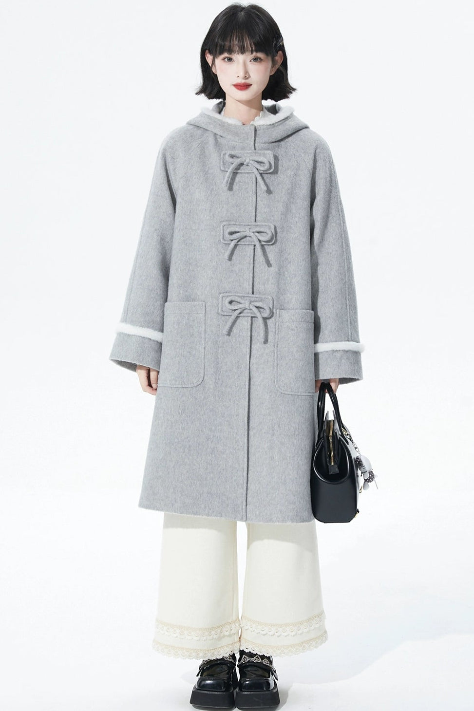 ライトグレイウールンフーデッドコート