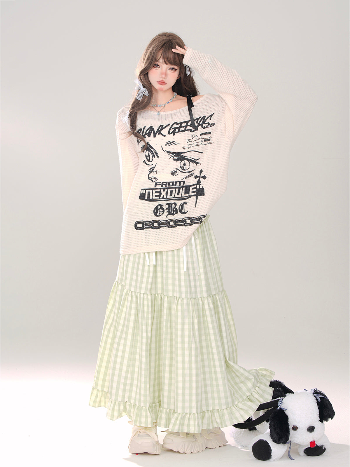 Dot Ribbon A-Line Long Skirt + Check A-Line Long Skirt