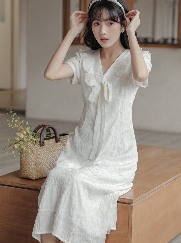 ピュアデザインジャガードウエストVネックワンピース