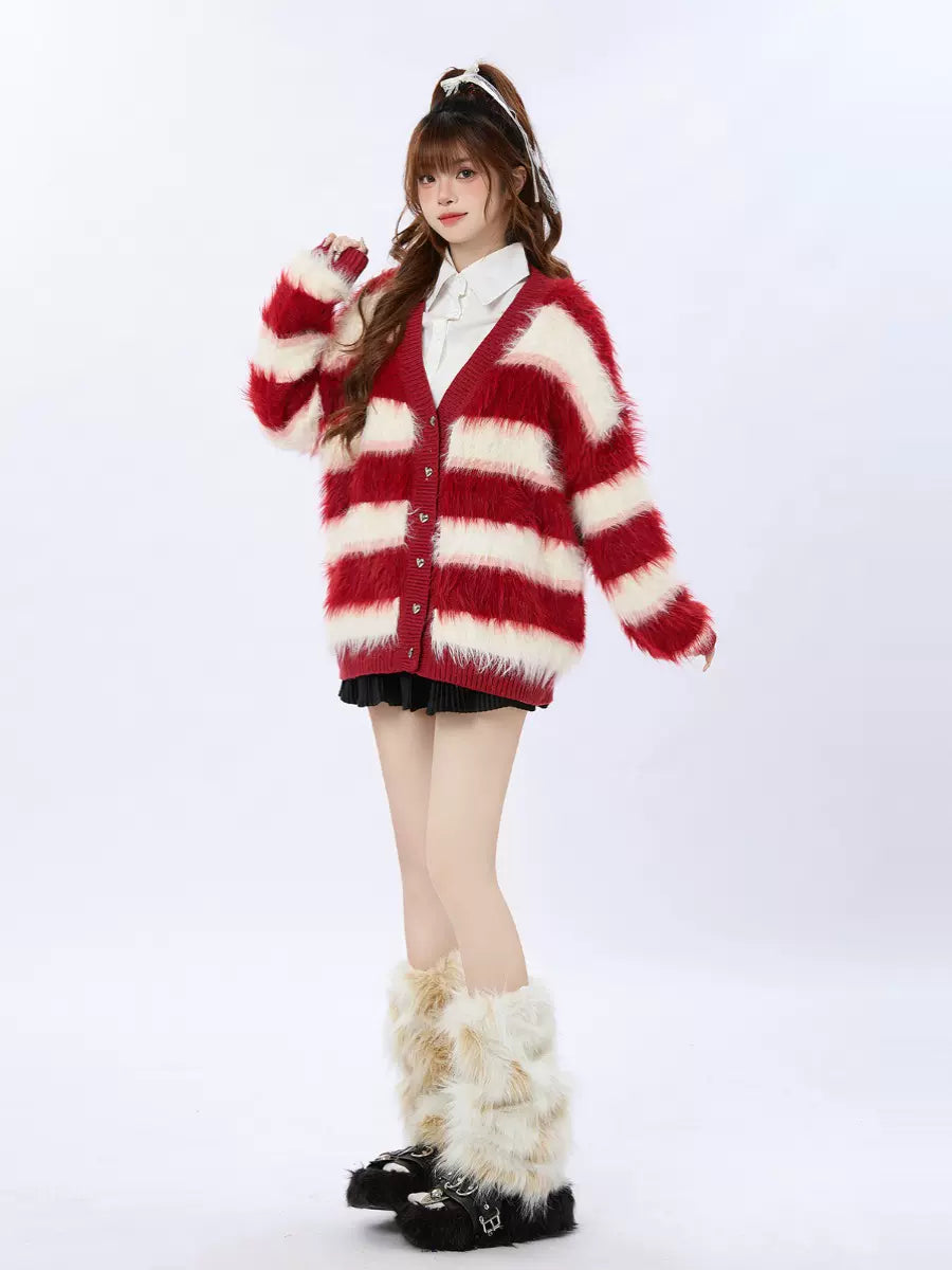 Retro Red Striped Knit Cardigan