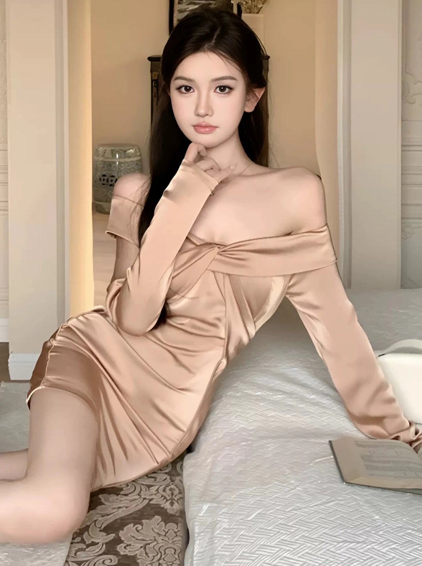 Satin Champagne Collar One-Shoulder Slim Fit Dress
