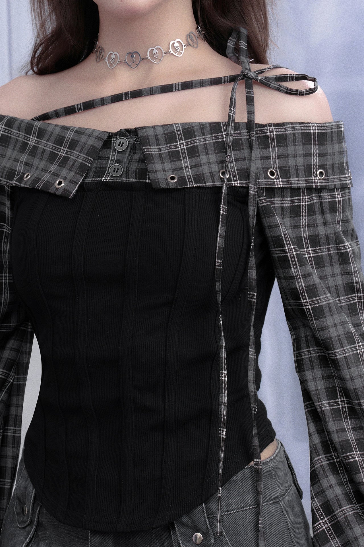 チェックオフショルダーシャツトップス