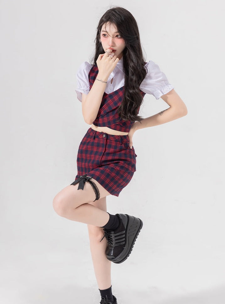 クロスリボンチェックトップス+シャツ+タイトチェックスカート