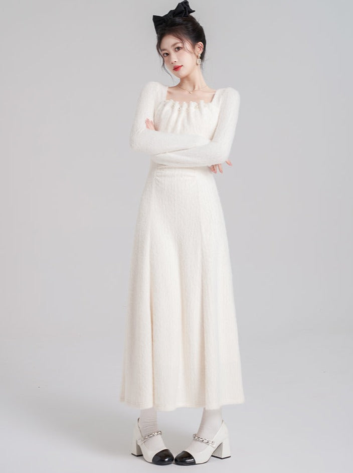 Pure White Square Neck Knit Flared Long Dress
