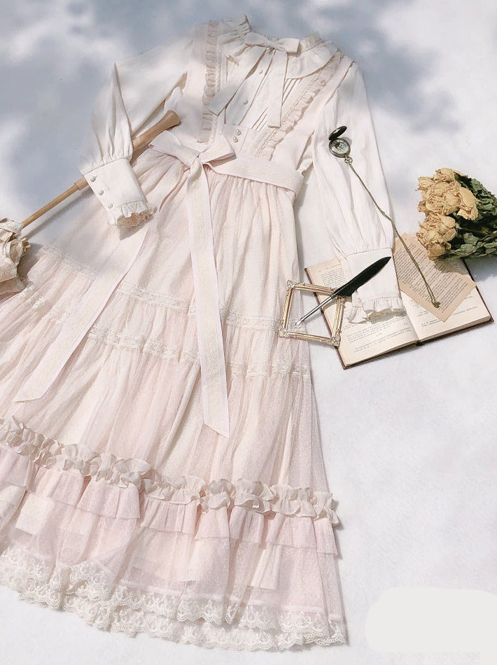 スイートエレガントライトロリータフリルシャツ+ドットレースサンドレス+トップリボン+ウエストリボン【予約商品】
