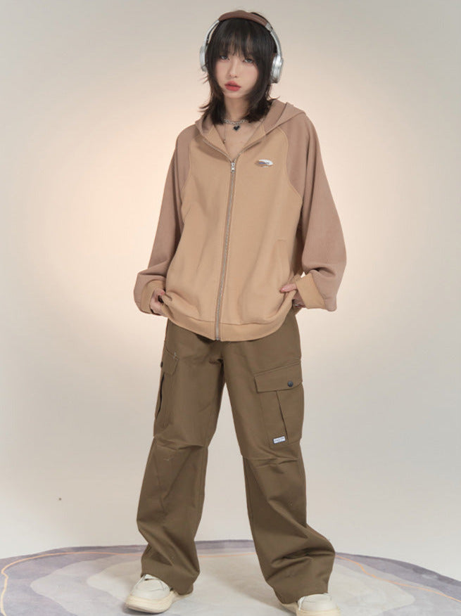 ルーズコントラストカラーフーディーカーディガントレーナー