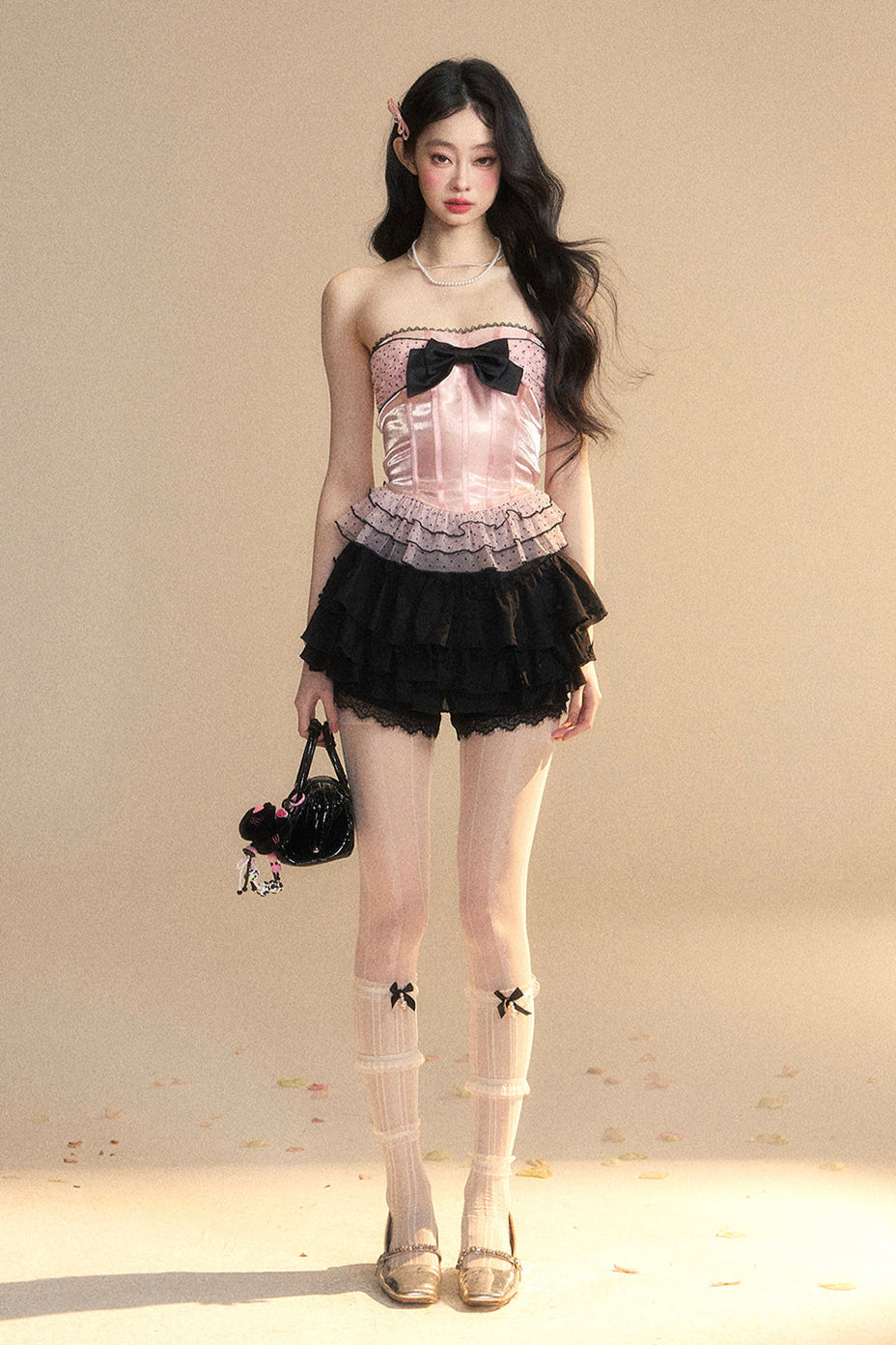 【予約商品】ドットメッシュレースリボンチューブトップス