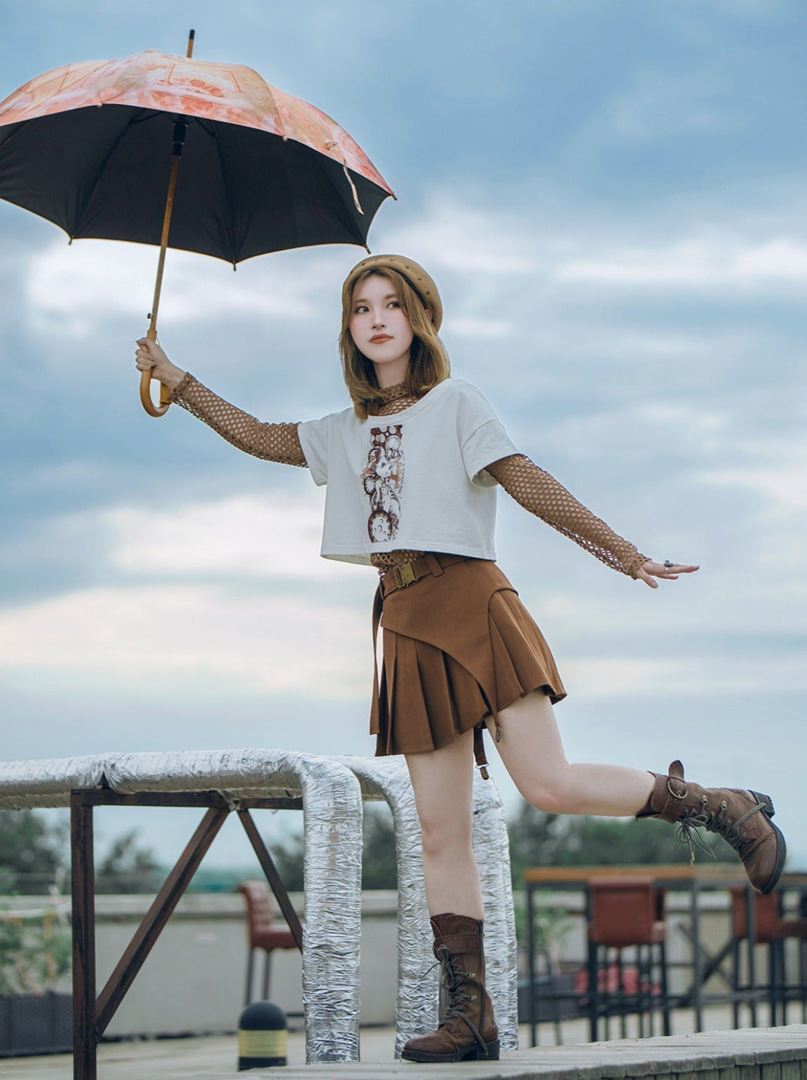 스팀 컨티넨탈 하이넥 라이트 브라운 다이아몬드 니트 메쉬 시어 셔츠 (스팀 컨티넨탈)