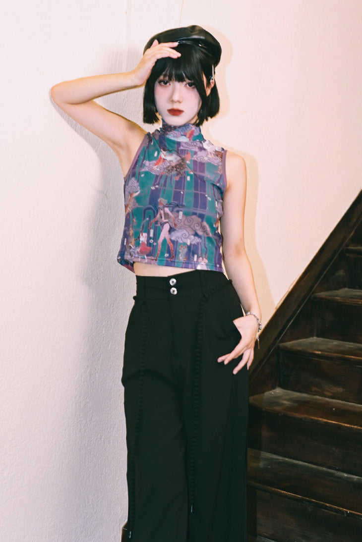 プリントメッシュハイネックノースリーブトップス