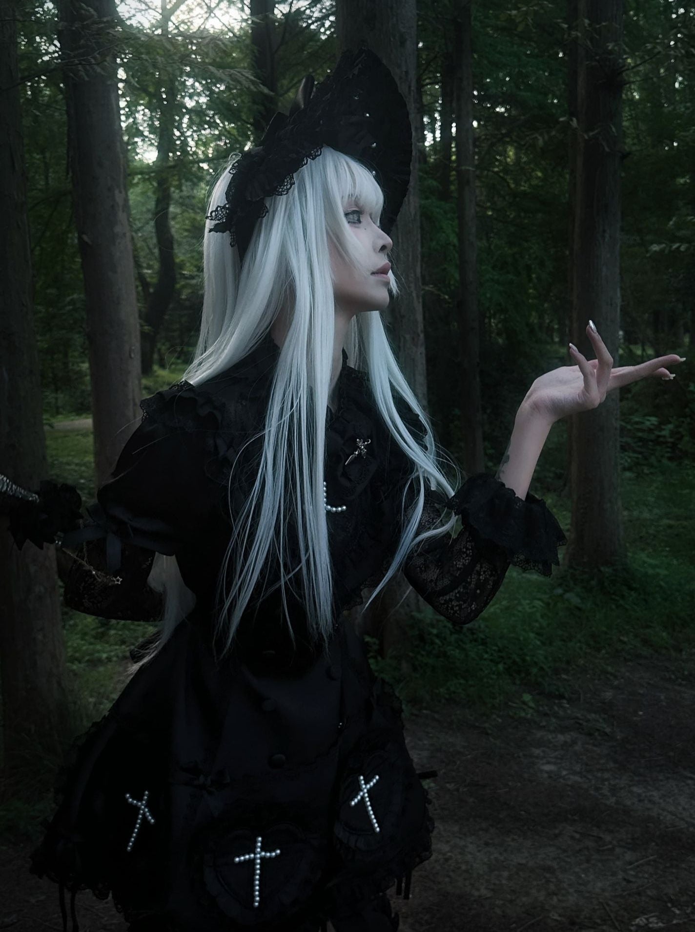 【12月12日予約締切】Night Crossダークエレガントゴシックロリータパールリボンボンネット