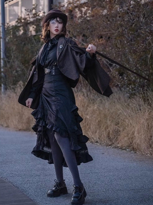 스팀 펑크 블랙 드로스트링 티어드 레트로 엣지 롱 스커트