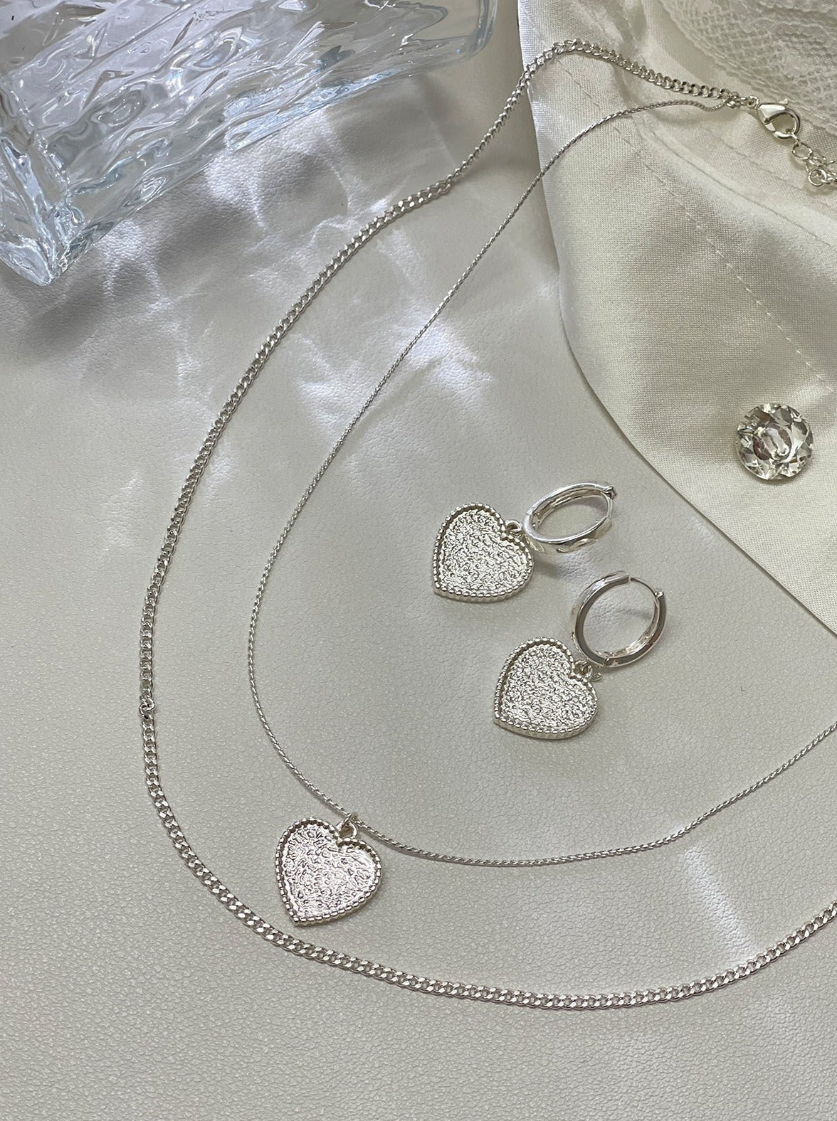 실버 라메 하트 목걸이 + 귀걸이
