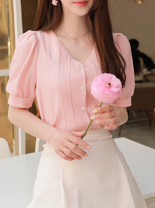 レトロVネックシフォンシャツ