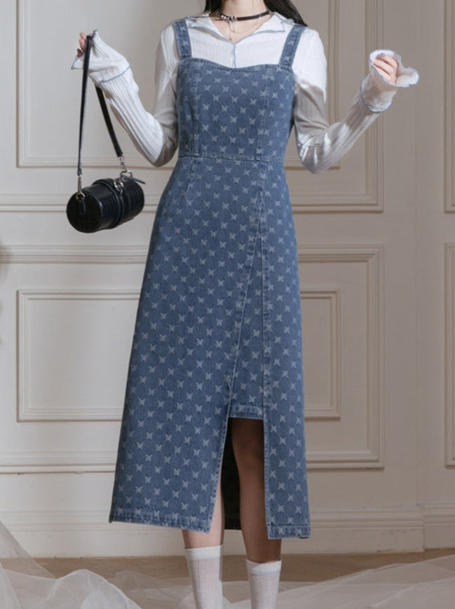 Romantische Jeansblaue Schmetterlingsjacke + Schmetterling-Jeans-Trägerkleid