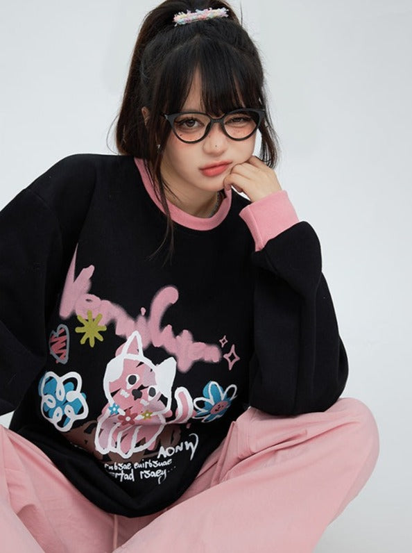 Art Design Contrast Color Round Neck Top