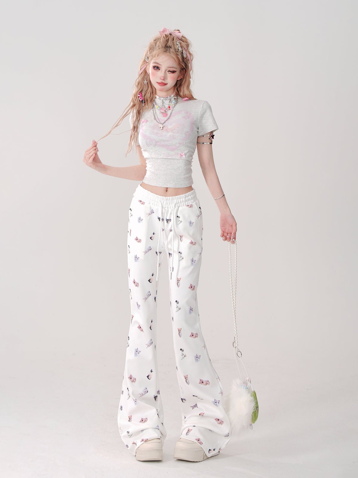 Cat print slim casual pants