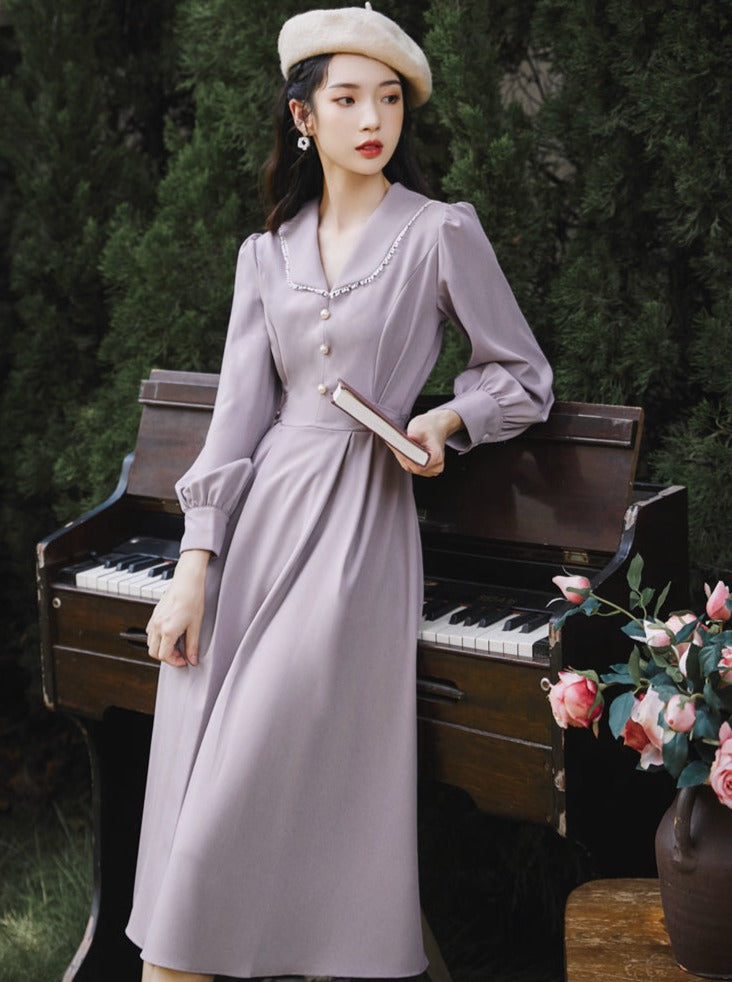 フレンチスタイルレトロミッドレングワンピース