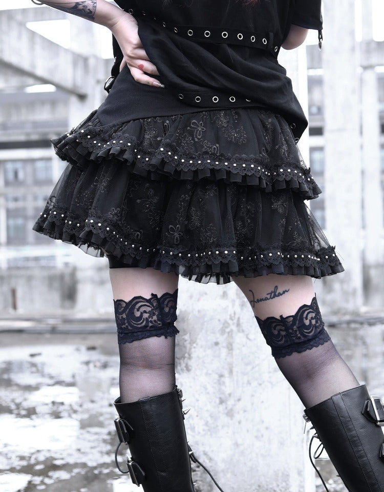 Punk Leather Buckle Rivet Layer Metal Cake Skirt