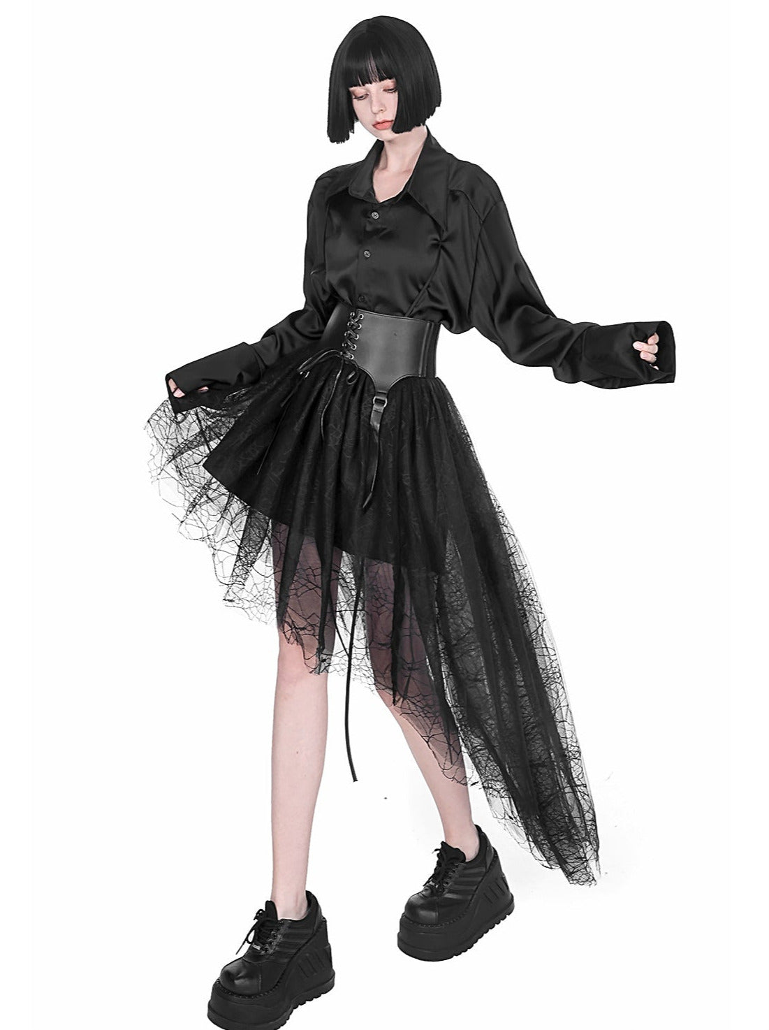 스팀 펑크 로맨틱 거미줄 허리띠 메쉬 스커트