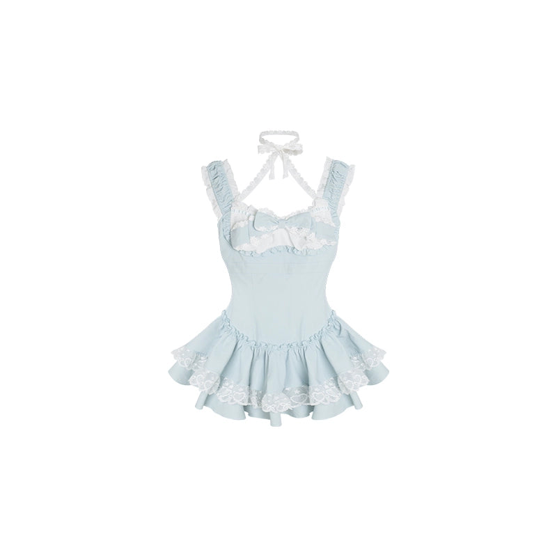 robe bleu cristal menthe glacée + pantalon bouffant blanc