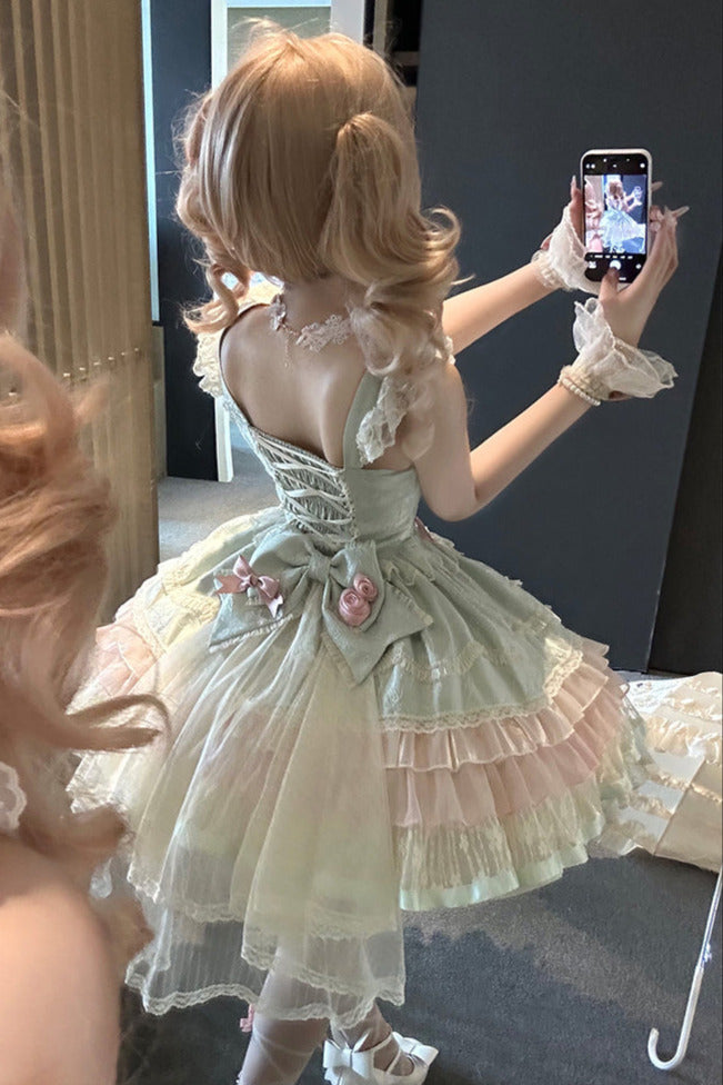 【予約商品】ピンクグリーンバレエスタイルロリータドレス+チュールベールリボン+チョーカー