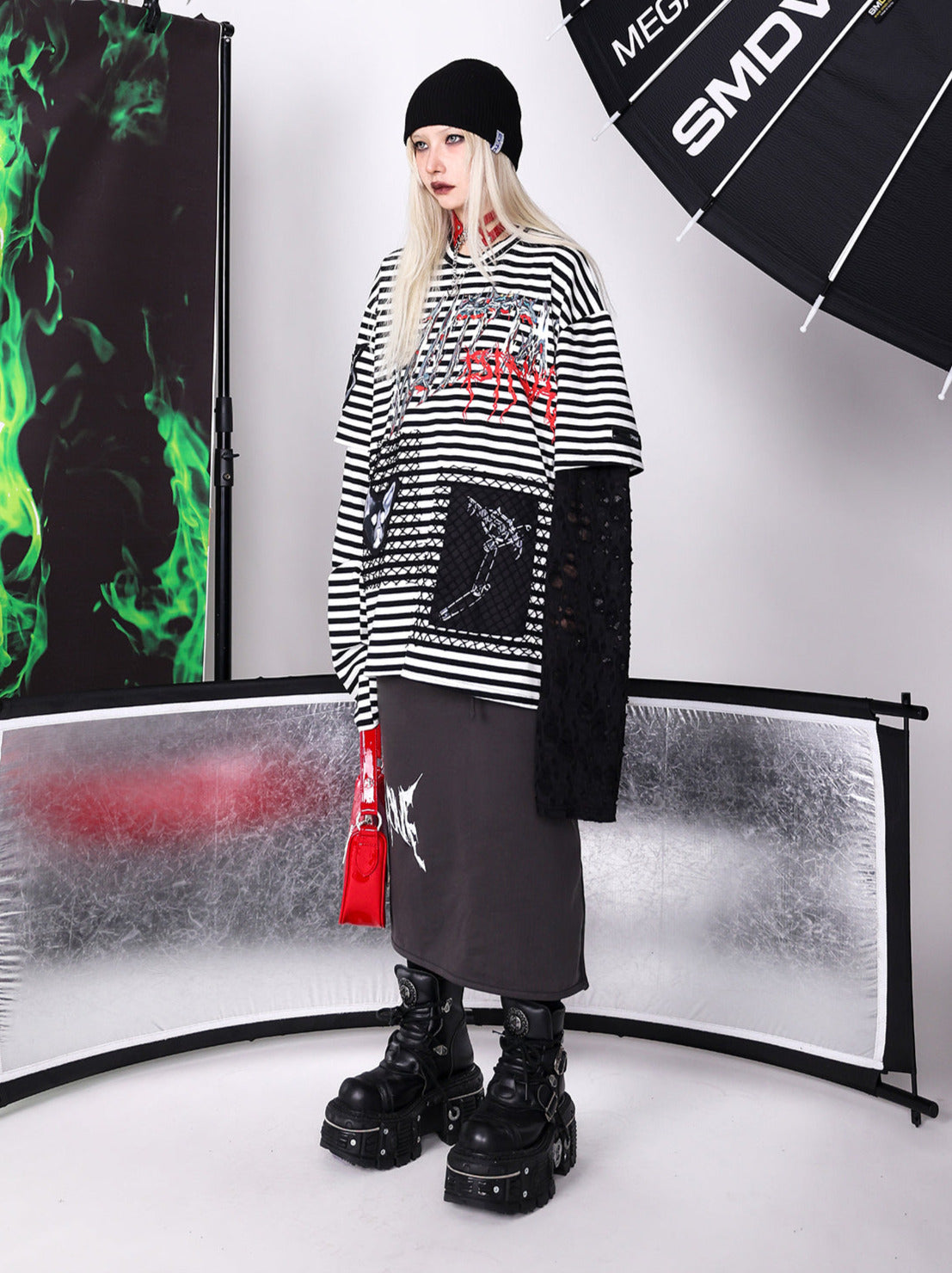 Punk Rock Electric Moon Stripe Asymmetric Layered Long T