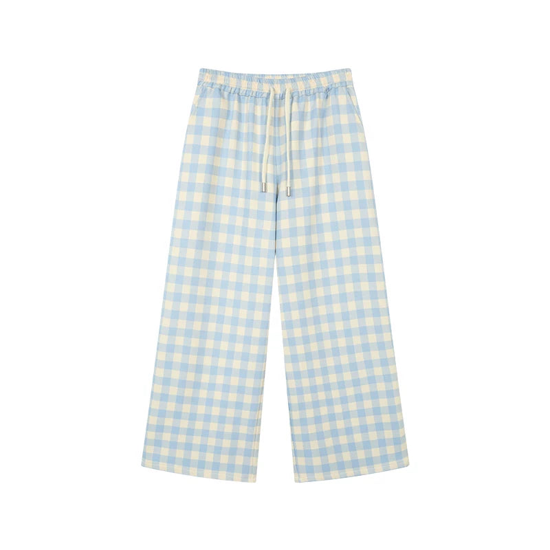 Blue plaid straight leg pants