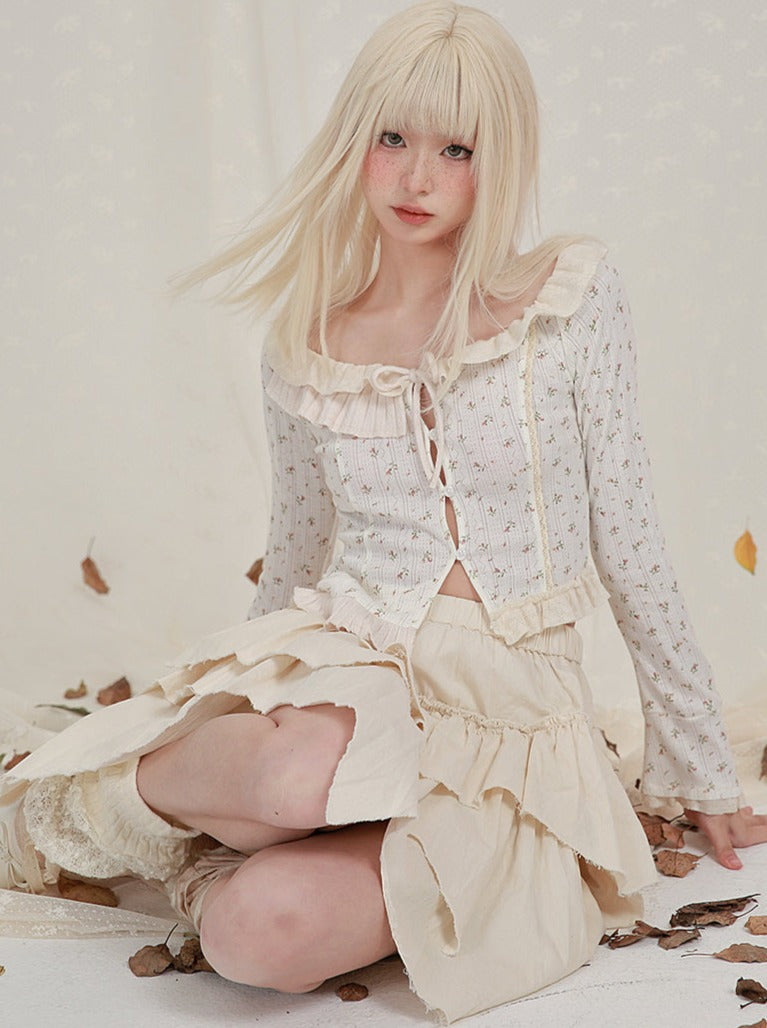 フラワーフリルイートカーディガントップス