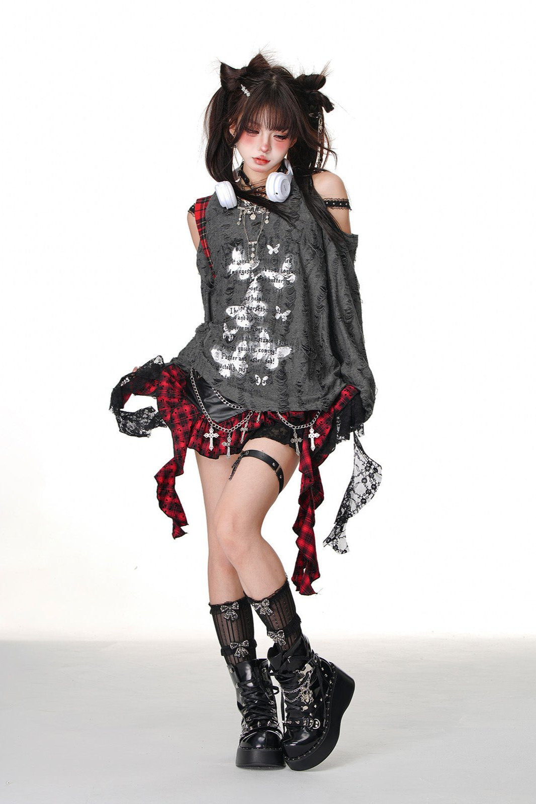 オフショルダーY2Kニットセーター