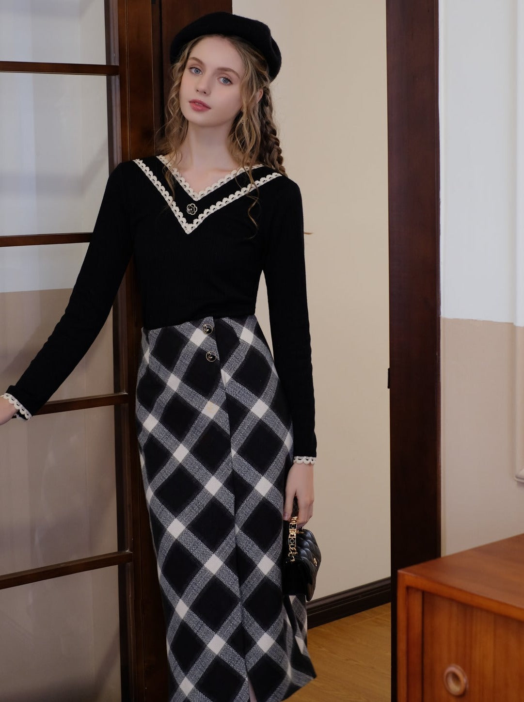 French Retro Argyle Long Slit Skirt