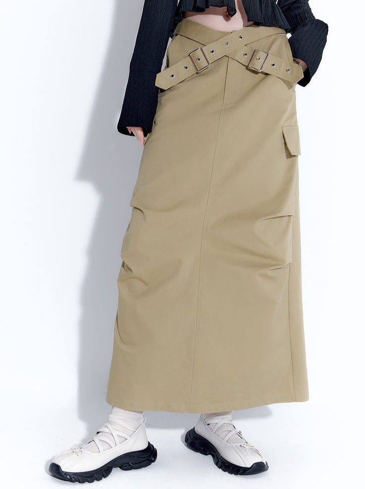 American Retro Waist Cross Back Slit Skirt