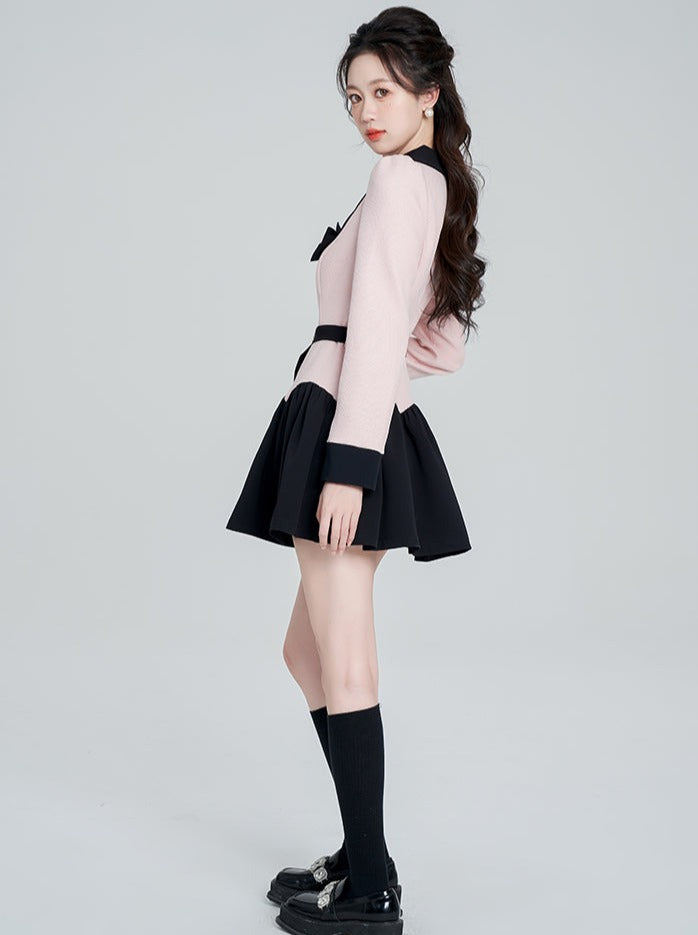 French Pink Babydoll Collar Faux Two Piece College Dress