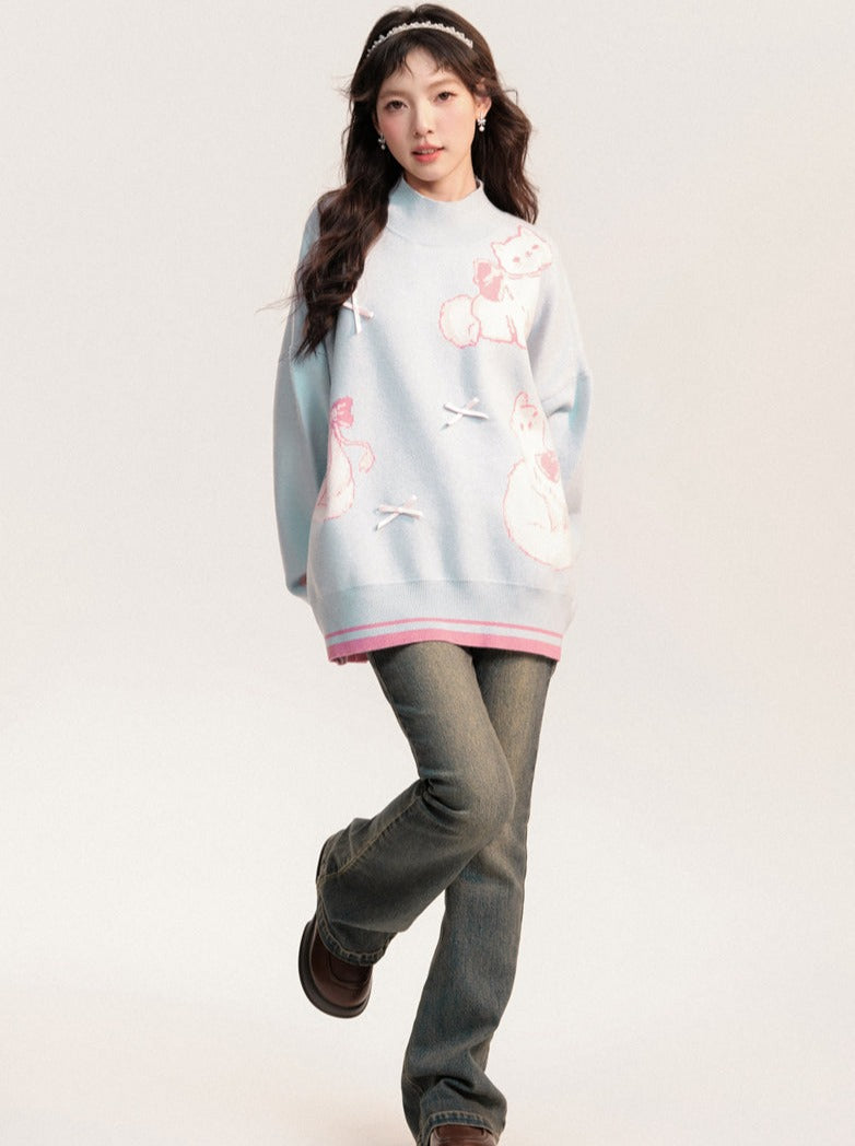 Halbrollkragen-Katzenohren-Schleifen-Oversize-Pullover