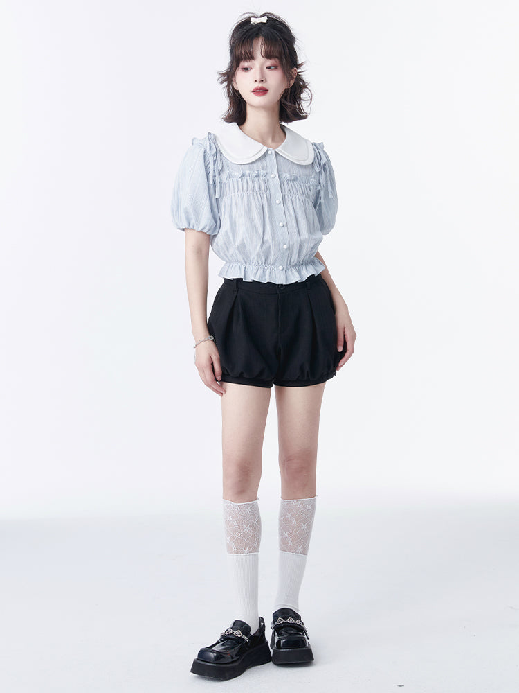 Doll color ribbon shoulder layered taste shirt