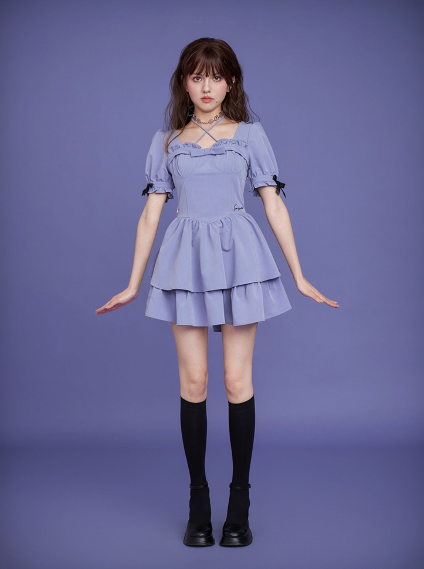 Neck Design Puff Sleeve Design Design Dress + Inner Pants