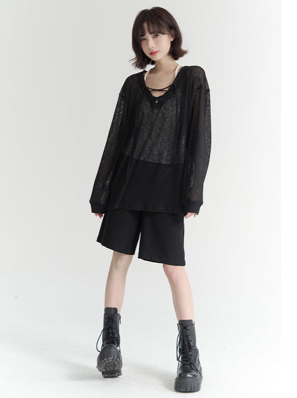 V-Neck Strap Sheer Loose Long T Top