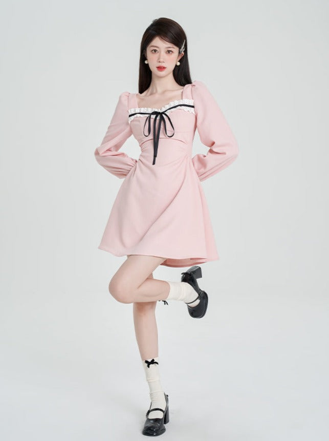 Girly Doll French Pink Square Neck Dress