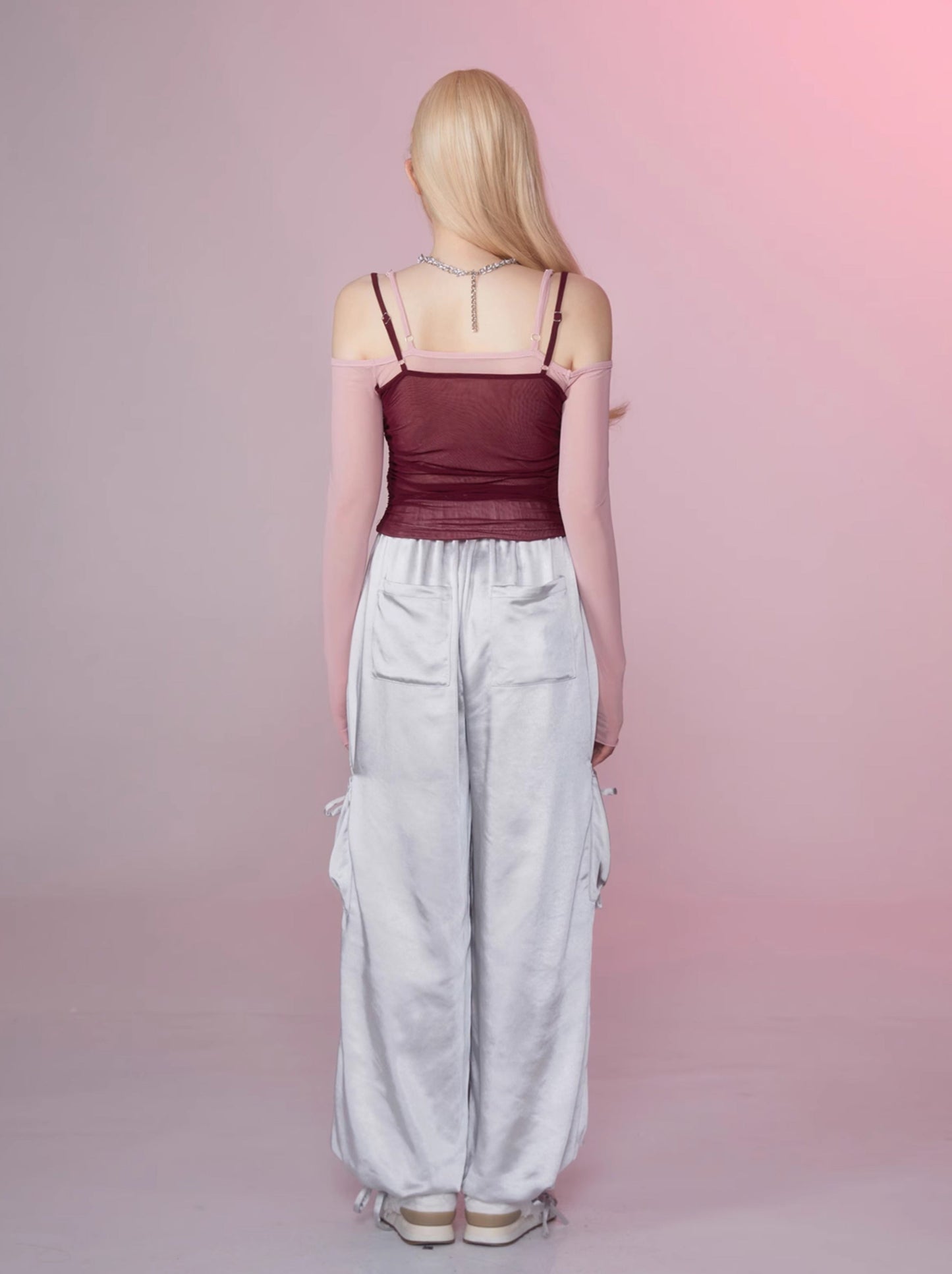 オフショルダーカラーブロックシアーメッシュフェイクツーピースクロップトップTシャツ