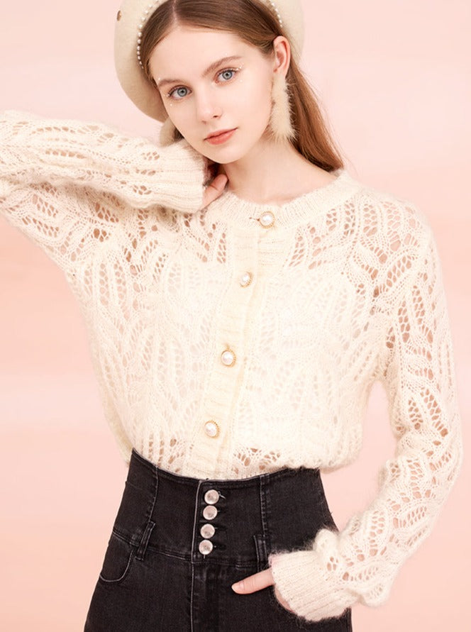 Lace Trimmed Pearl-Button Cardigan